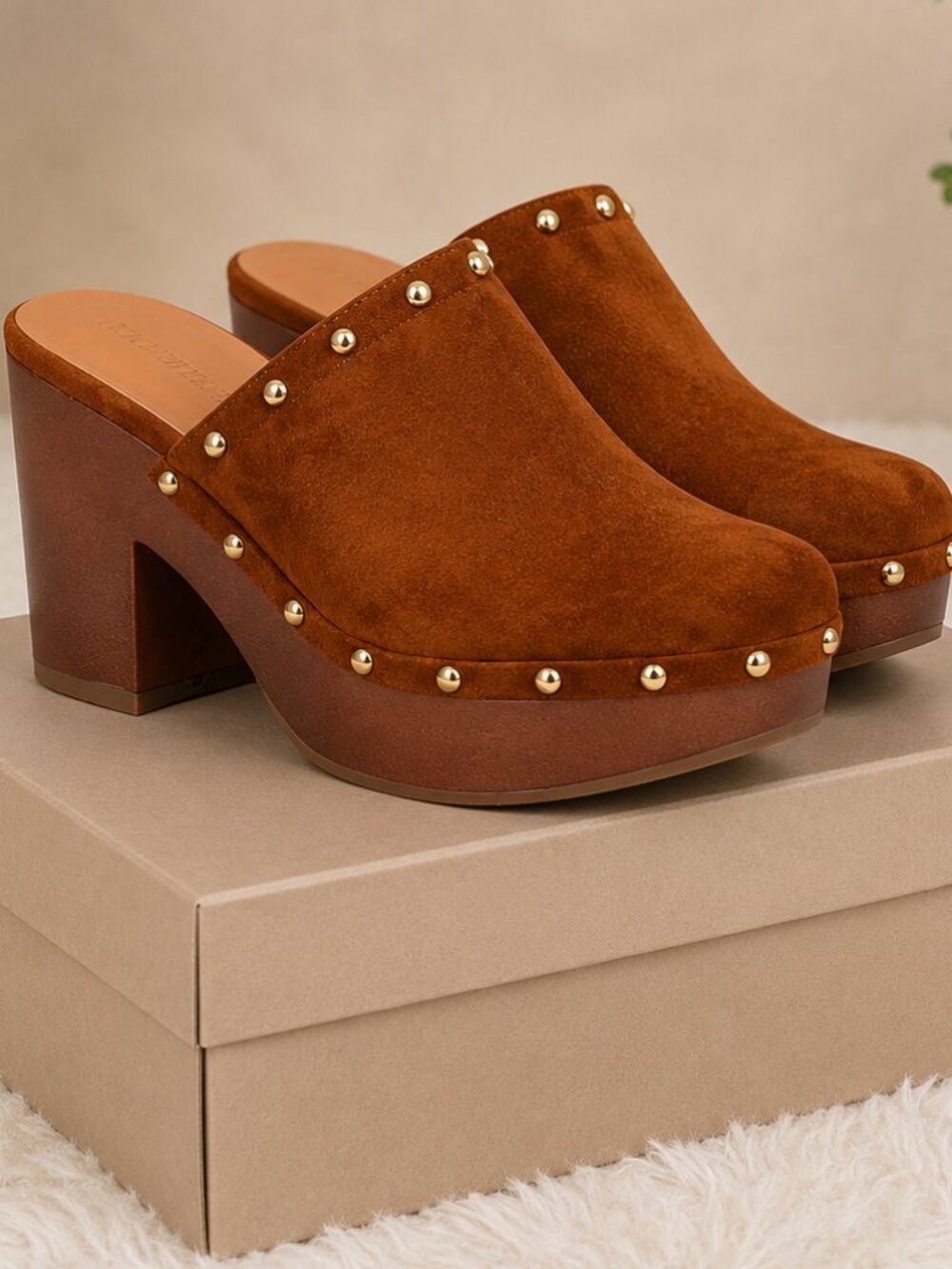 Women's Faux Suede Studded Clogs Platform Block Heel Shoes NWT